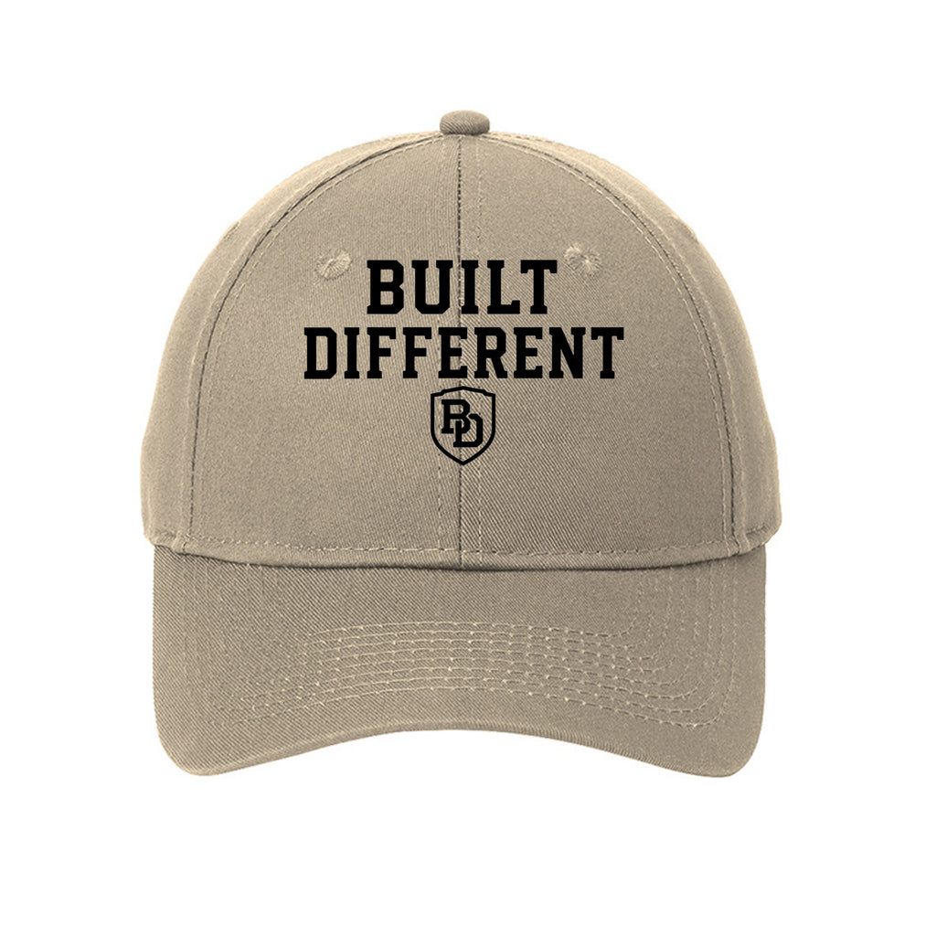 Built Different six-panel twill cap – front view with embroidered logo