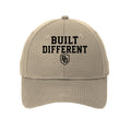 Built Different six-panel twill cap – front view with embroidered logo