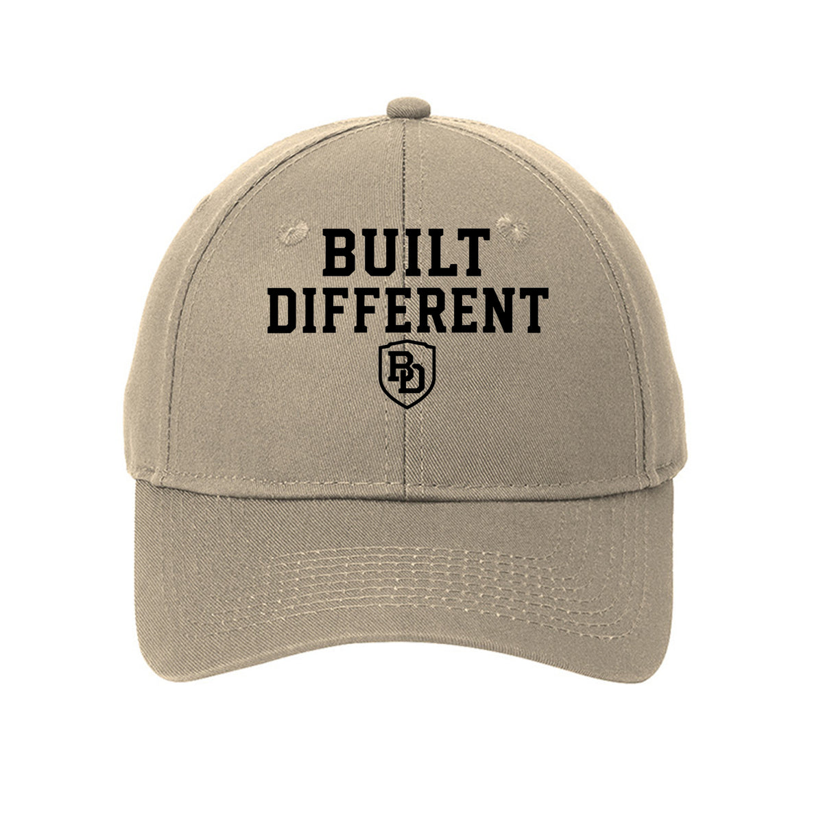 Built Different six-panel twill cap – front view with embroidered logo