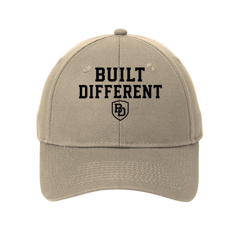 Built Different six-panel twill cap – front view with embroidered logo