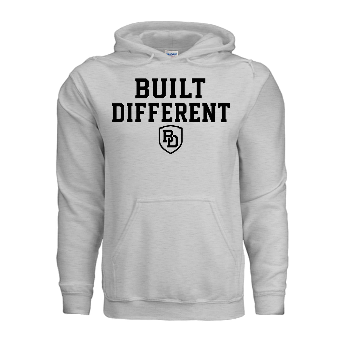 Built Different heavy blend hoodie – front view, Built Different chest logo