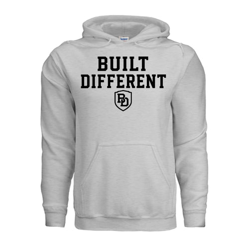 Built Different heavy blend hoodie – front view, Built Different chest logo