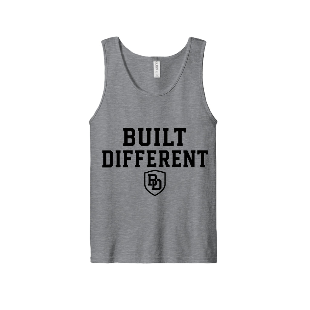 Built Different fine jersey tank top – front view with chest logo