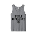 Built Different fine jersey tank top – front view with chest logo