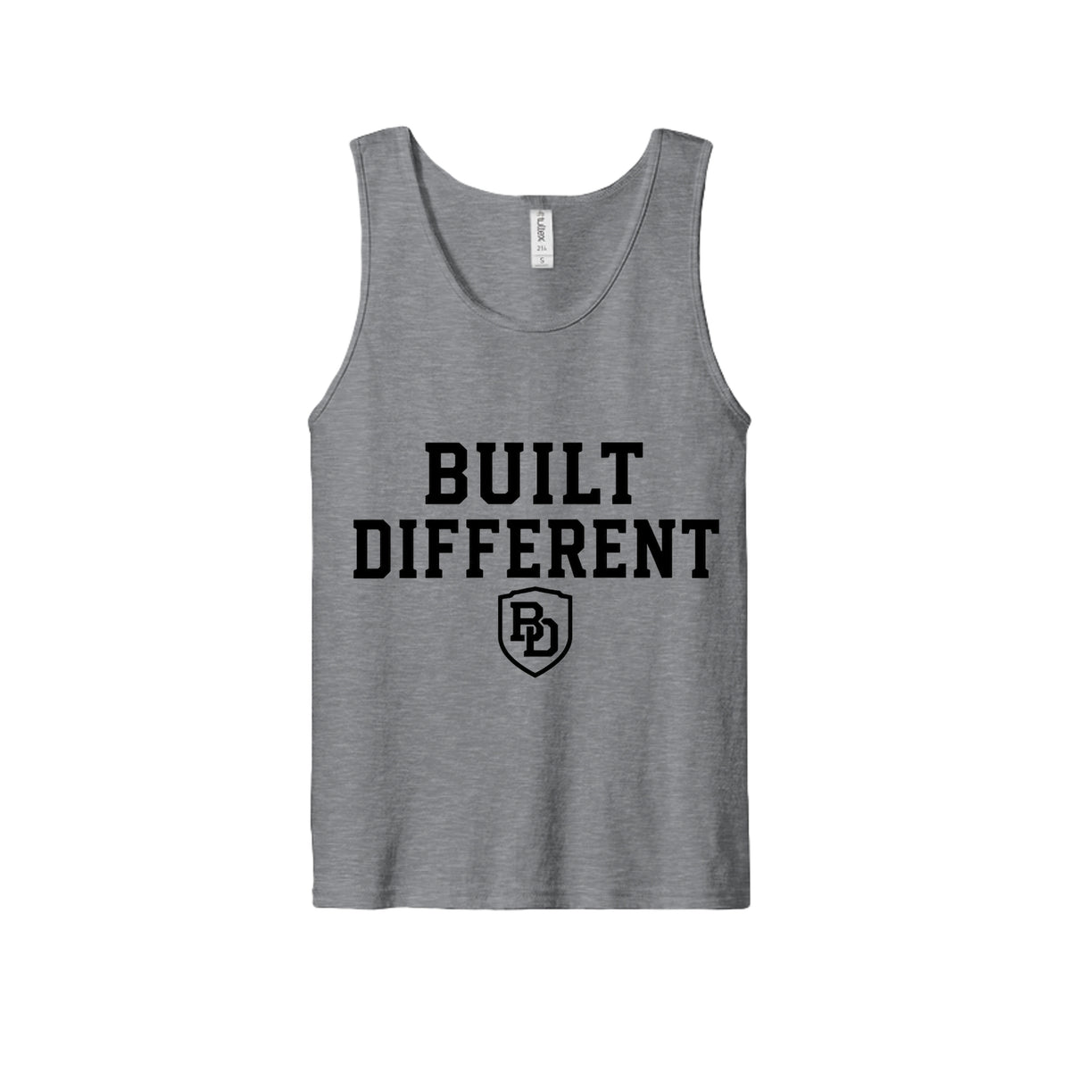 Built Different fine jersey tank top – front view with chest logo