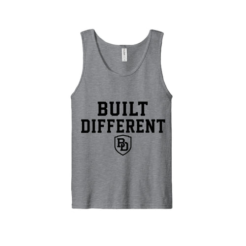 Built Different fine jersey tank top – front view with chest logo