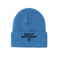 Built Different cuffed knit beanie – cuff view with embroidered logo