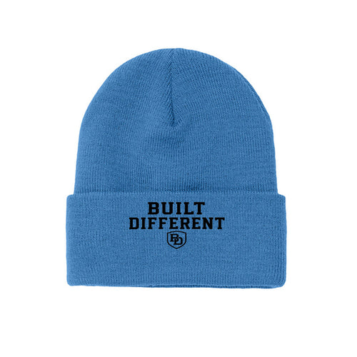 Built Different cuffed knit beanie – cuff view with embroidered logo